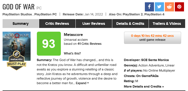PC-версию God of War очень тепло приняли на Metacritic: у игры 93 ...